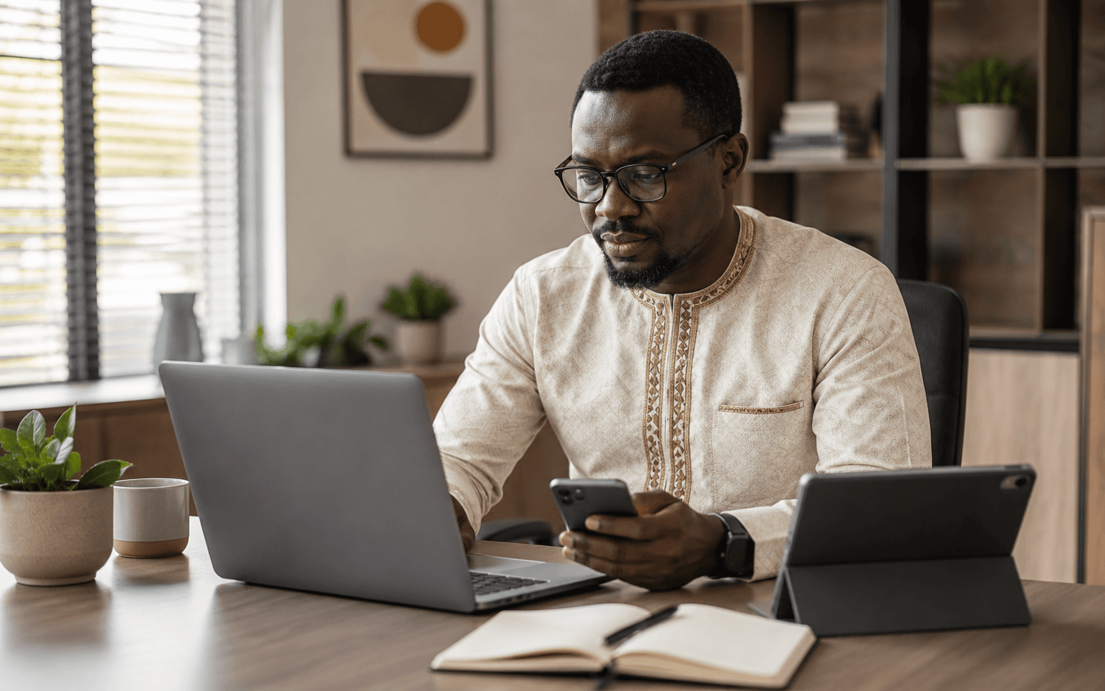 Manager working across laptop tablet and phone