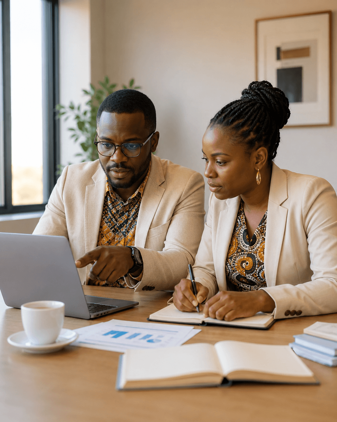 Operations managers reviewing work together on a laptop